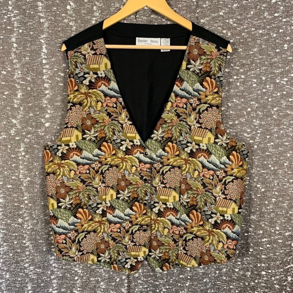 Vintage Baxter & Wells Tapestry Vest Boho Tropical Landscape Women's 20W